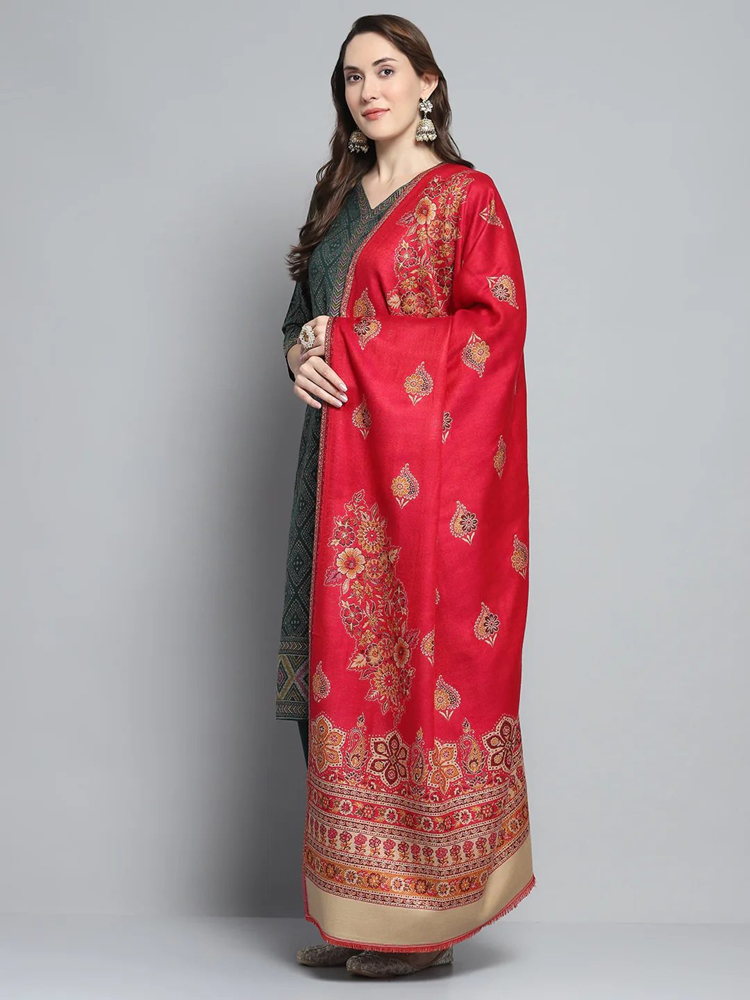Women Red Self Design Shawl - Image 3