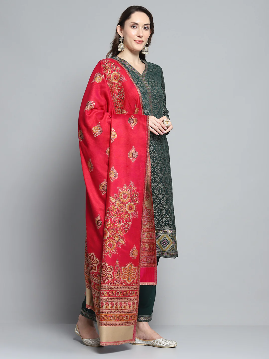 Women Red Self Design Shawl - Image 4