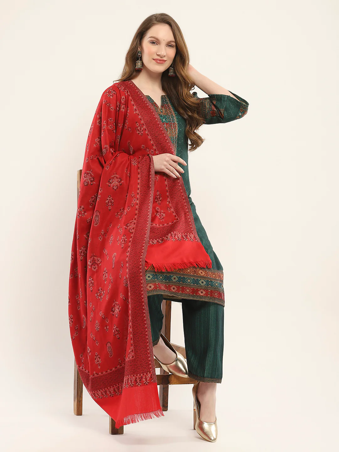 Women Red Self Design Shawl - Image 2