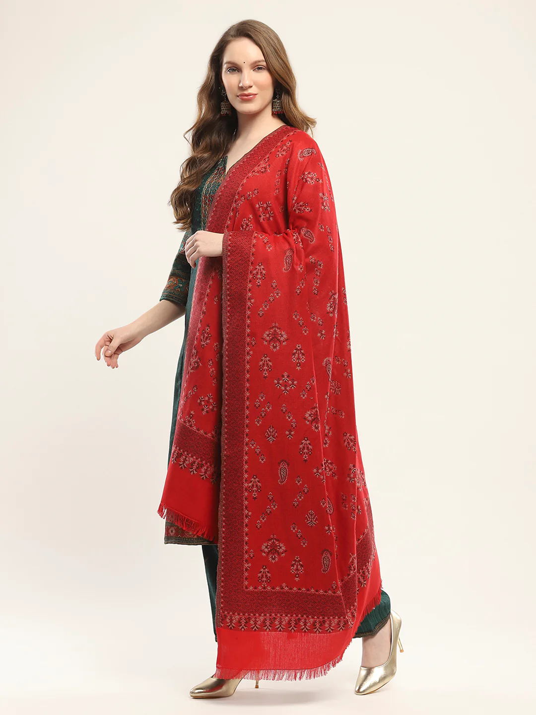 Women Red Self Design Shawl - Image 3