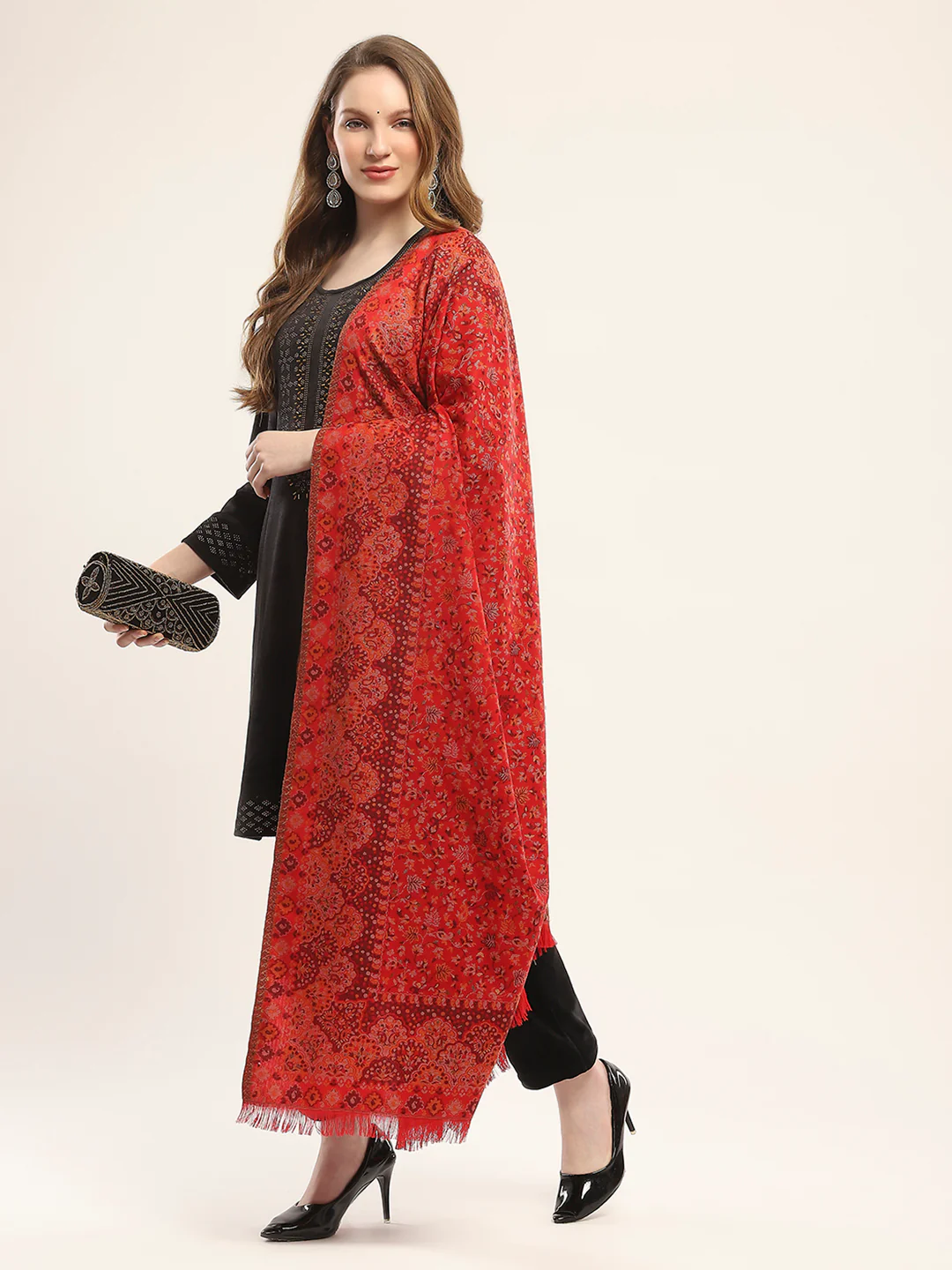 Women Red Self Design Shawl - Image 2