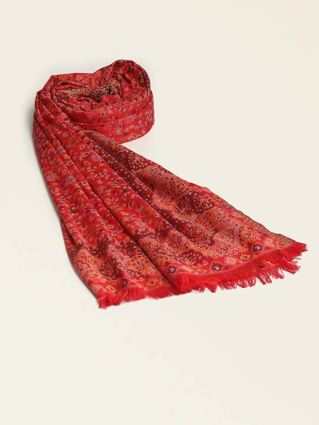 Women Red Self Design Shawl - Image 5