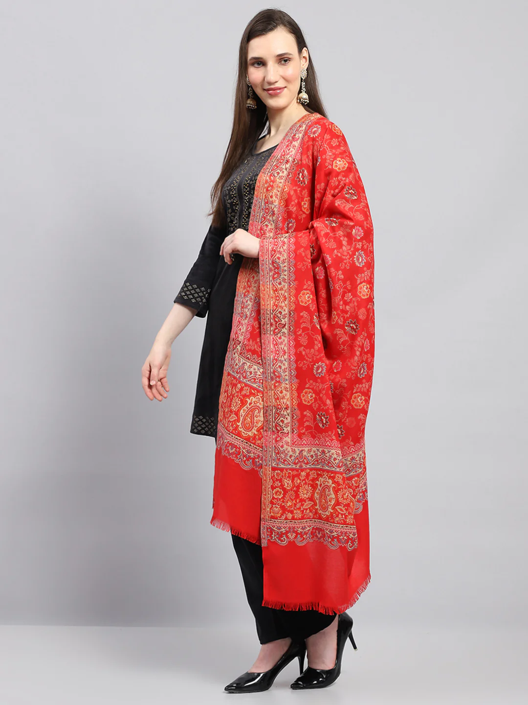 Women Red Self Design Shawl - Image 3