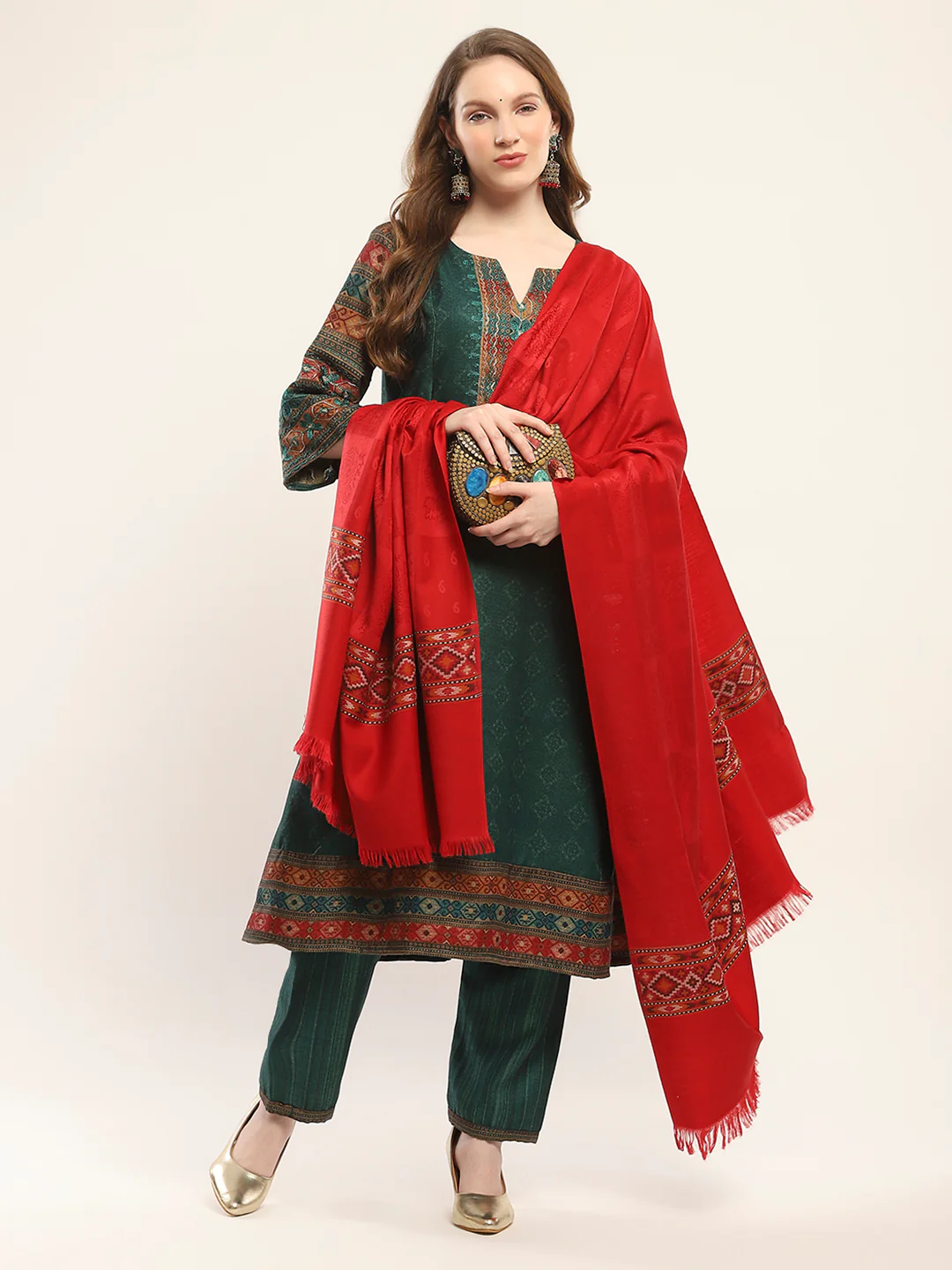 Women Red Self Design Shawl - Image 2