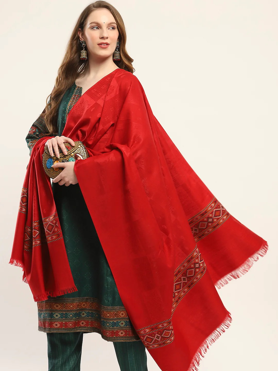 Women Red Self Design Shawl - Image 6