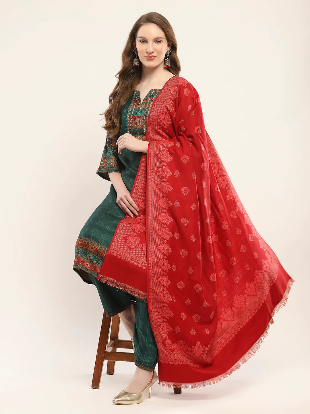 Women Red Self Design Shawl - Image 2