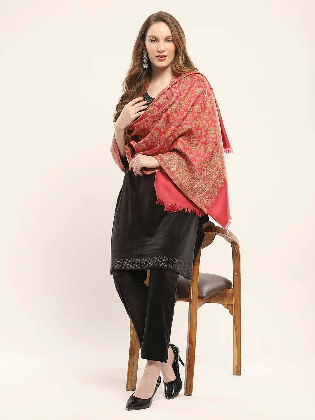 Women Red Self Design Shawl - Image 2