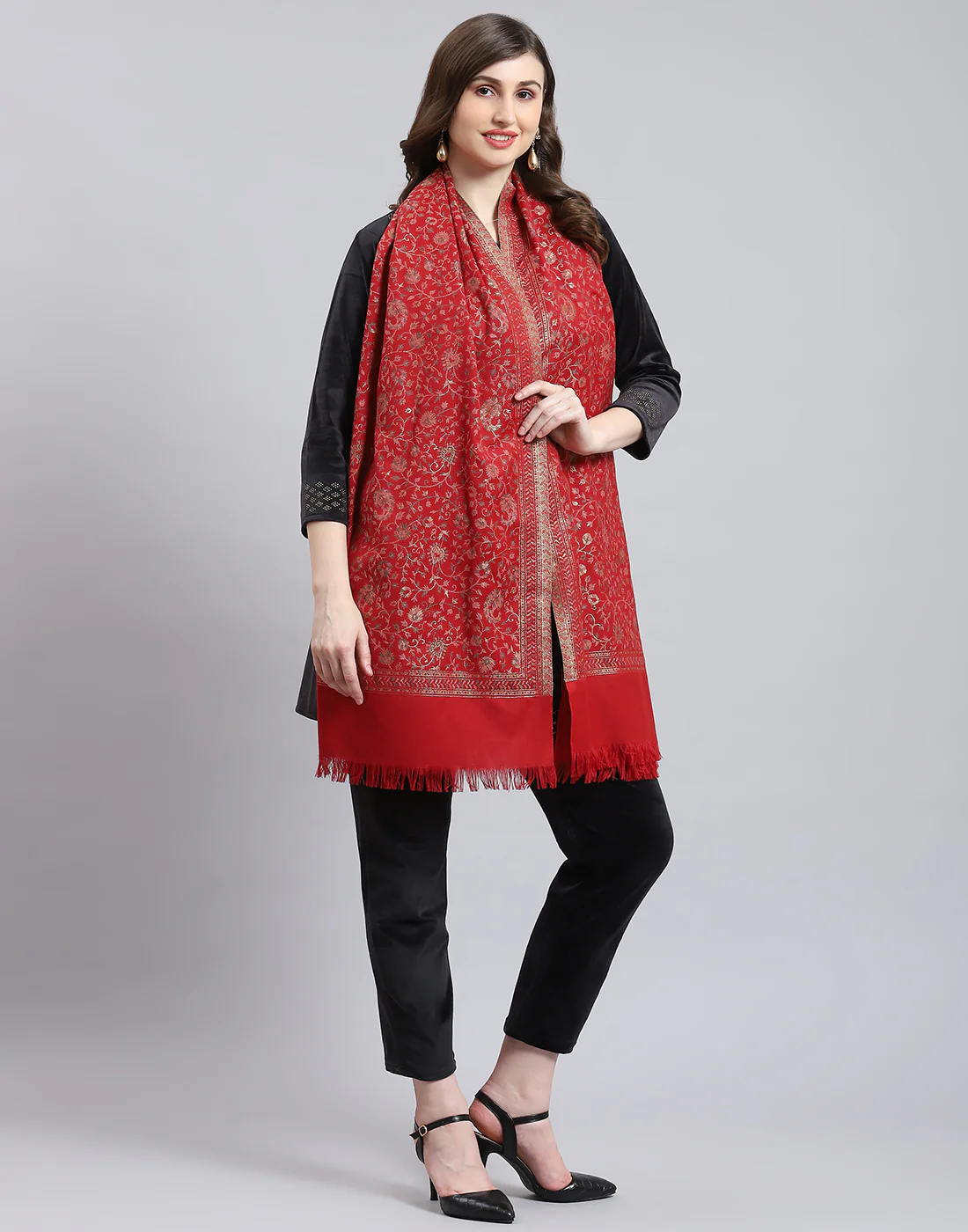 Women Red Self Design Stole - Image 4