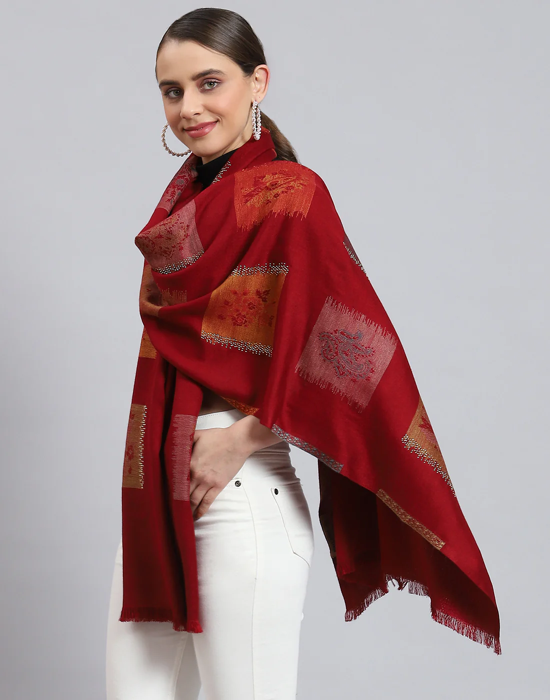 Women Red Self Design Stole - Image 3