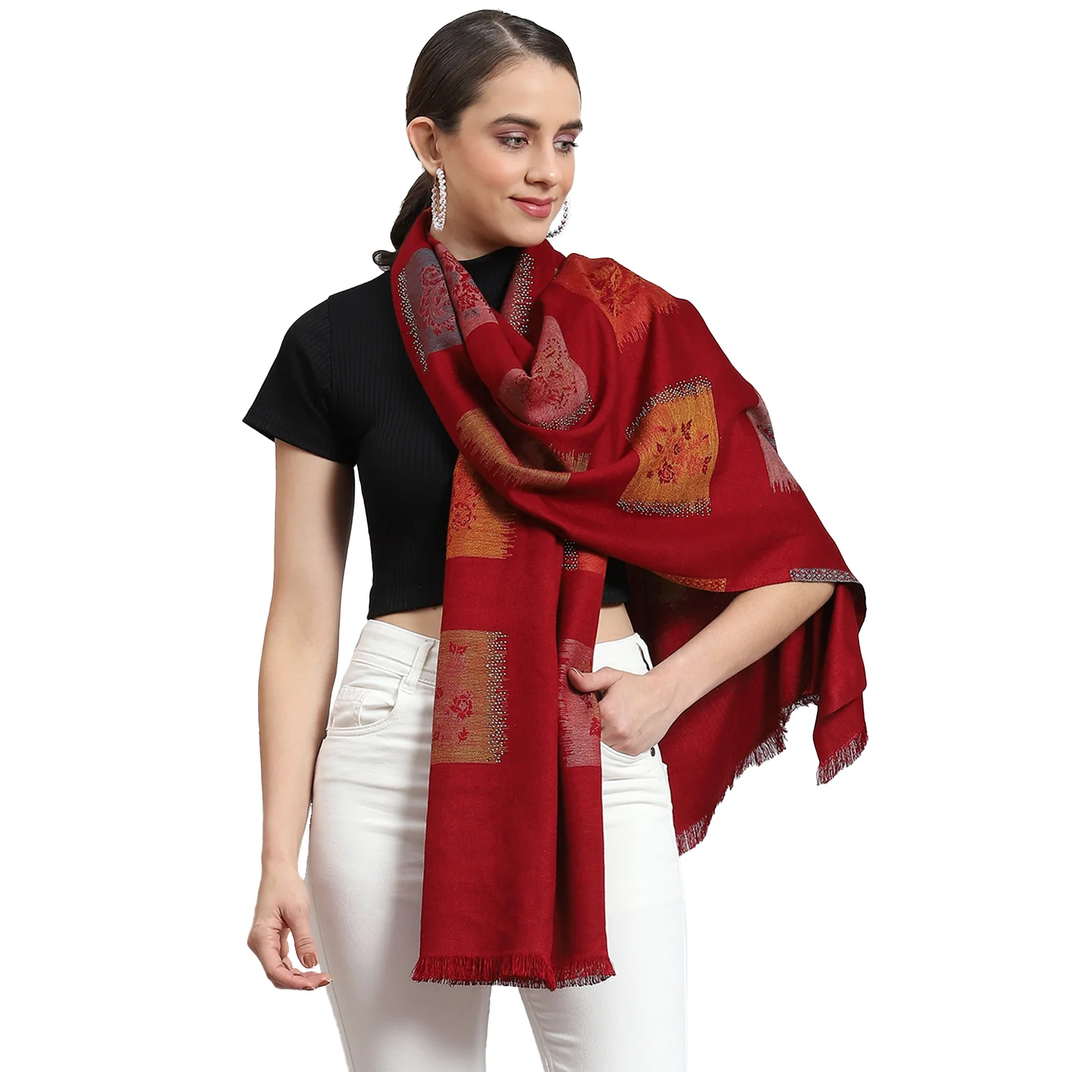 Women Red Self Design Stole - Image 5