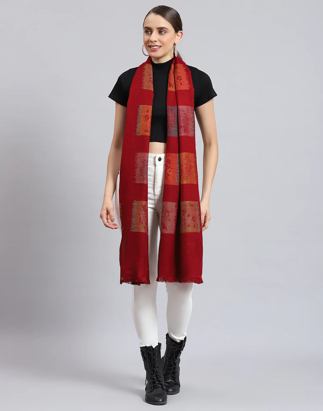 Women Red Self Design Stole - Image 6