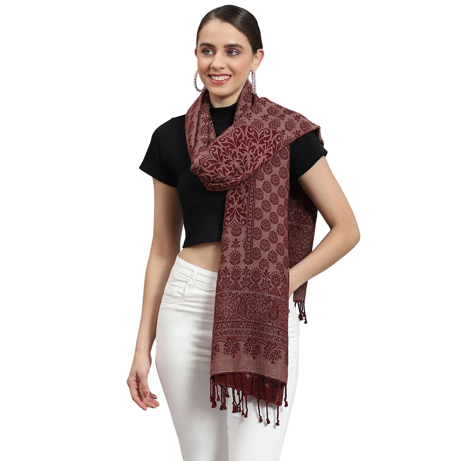 Women Red Self Design Stole - Image 6