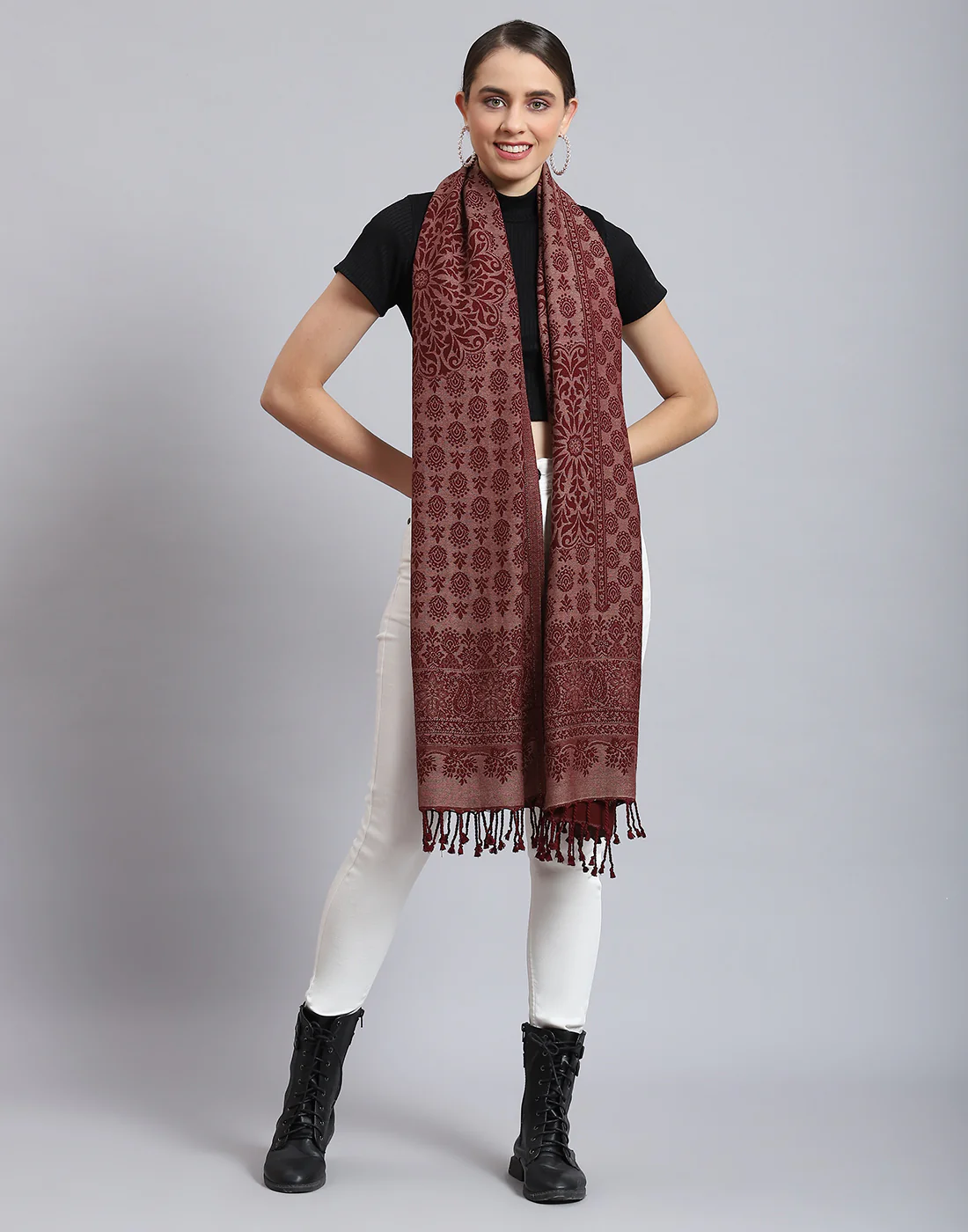 Women Red Self Design Stole - Image 7