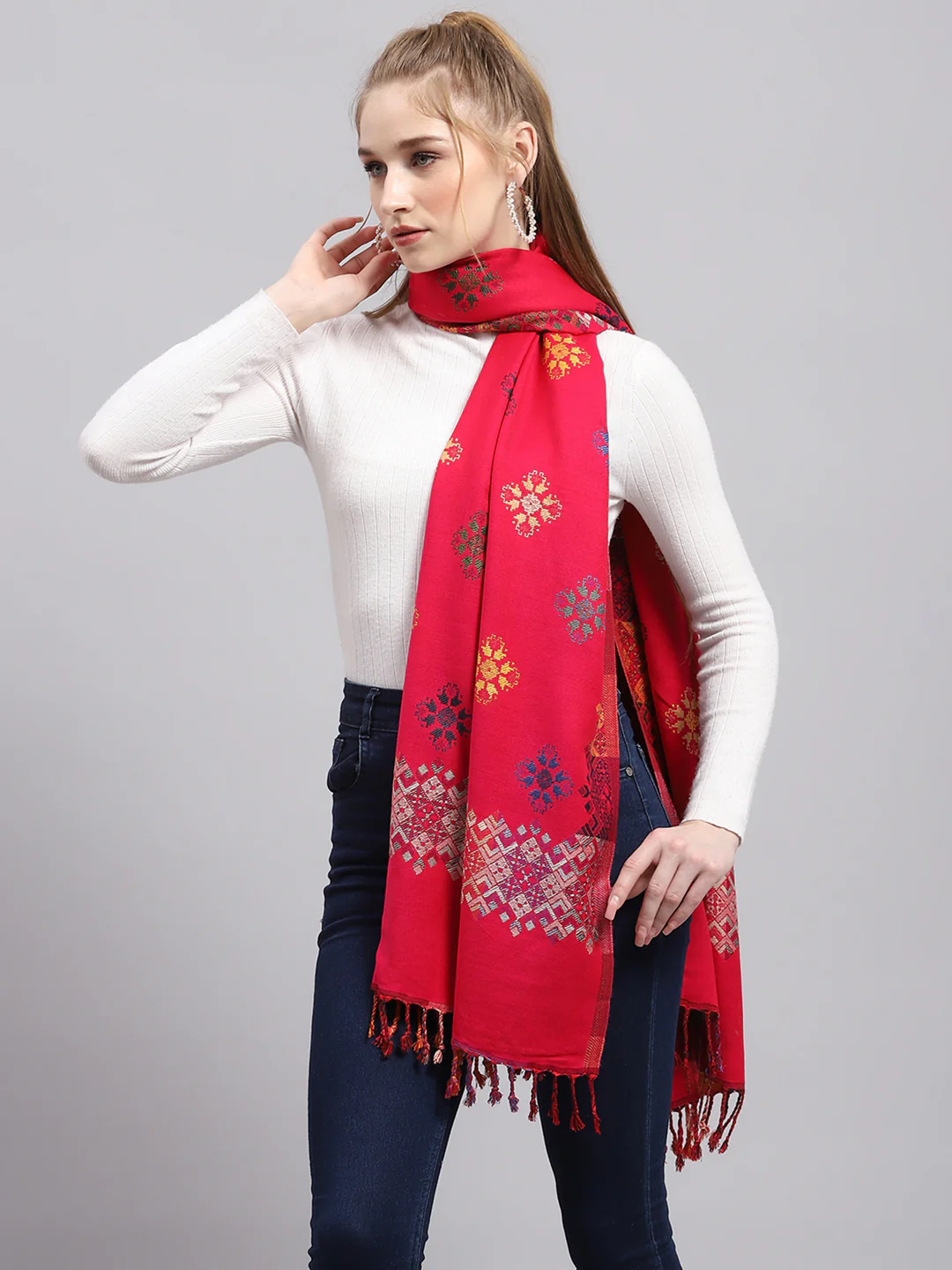 Women Red Self Design Stole - Image 3