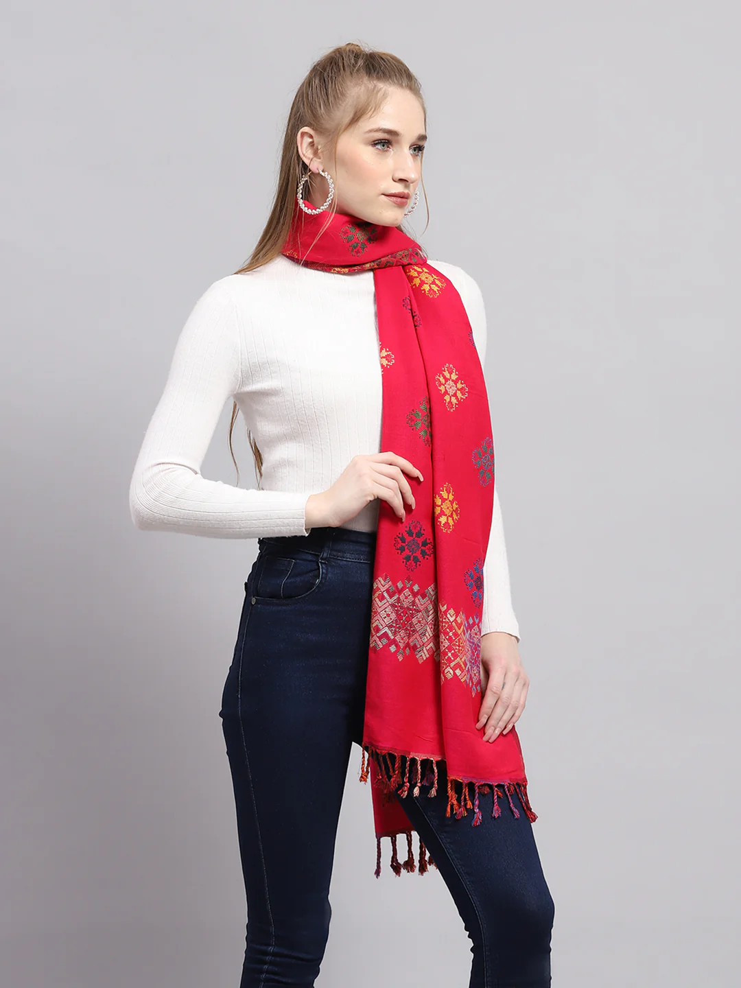 Women Red Self Design Stole - Image 5