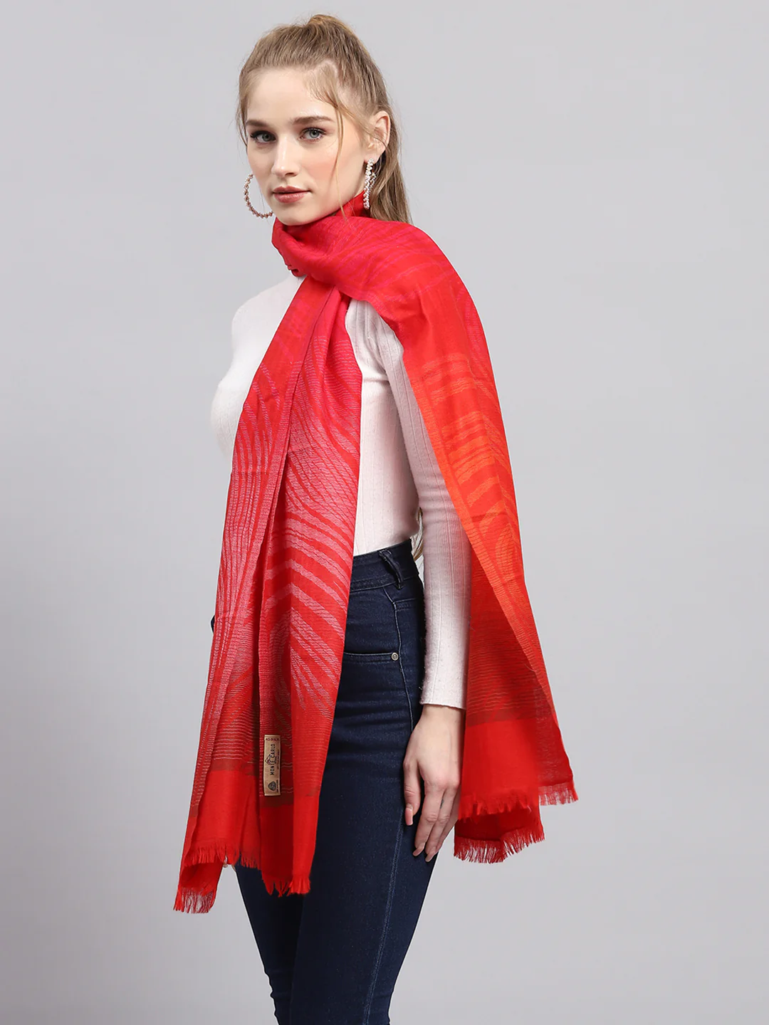Women Red Self Design Stole - Image 4