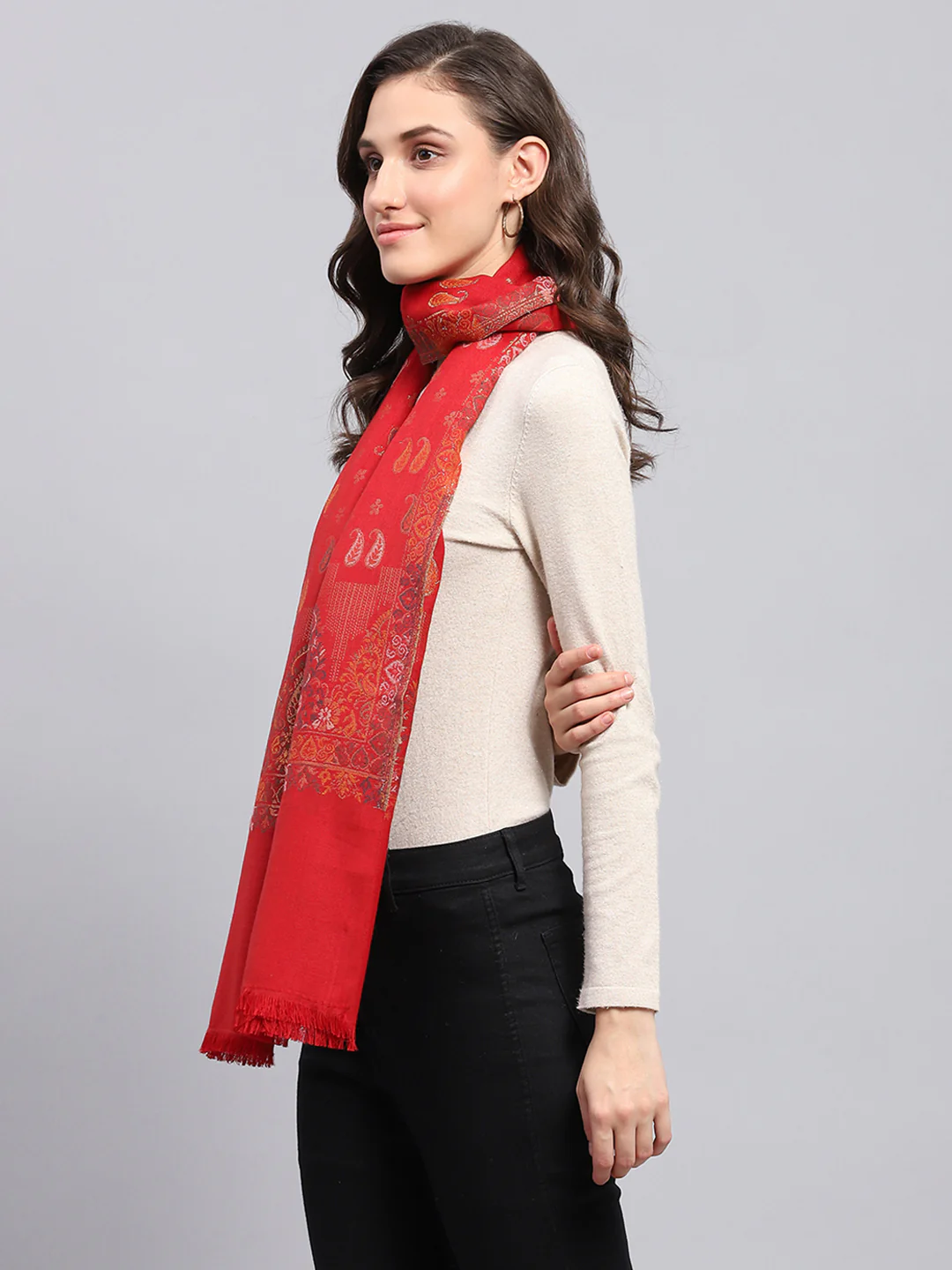 Women Red Self Design Stole - Image 4