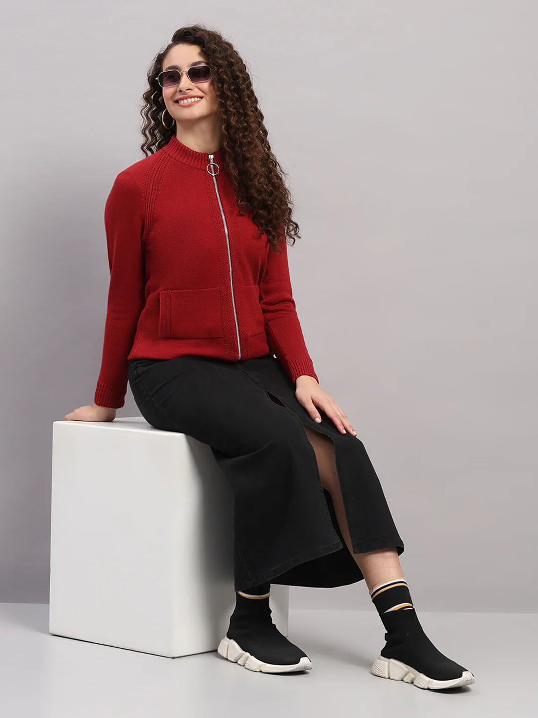 Women Red Self Design Turtle Neck Full Sleeve Cardigan - Image 2