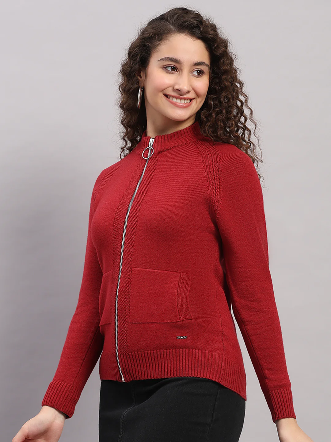 Women Red Self Design Turtle Neck Full Sleeve Cardigan - Image 3