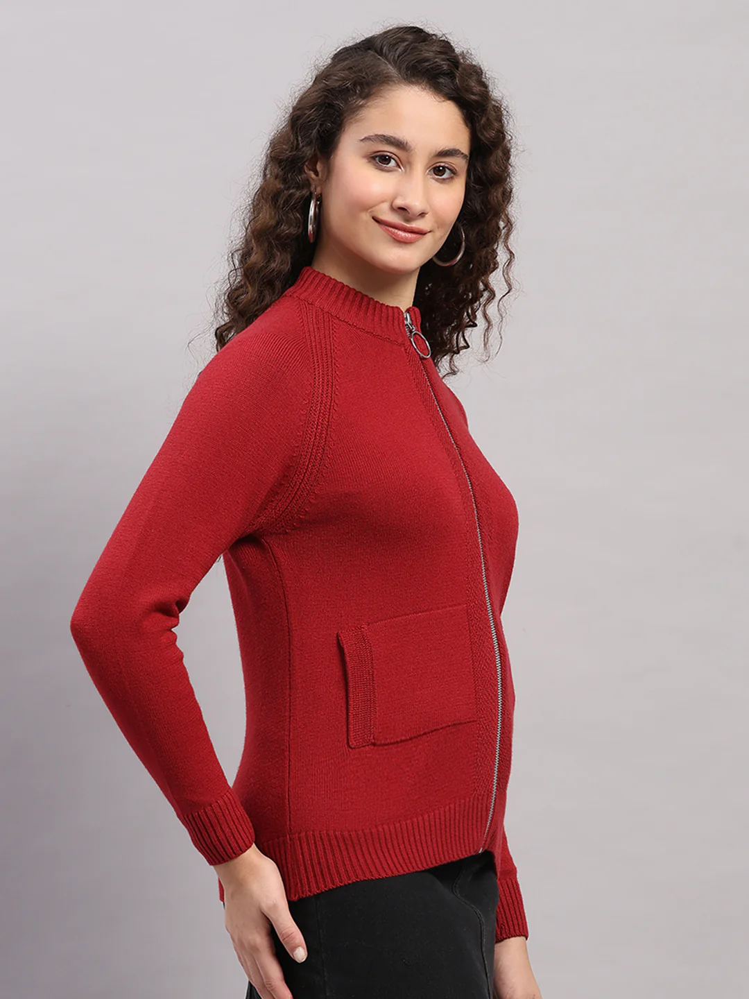 Women Red Self Design Turtle Neck Full Sleeve Cardigan - Image 4