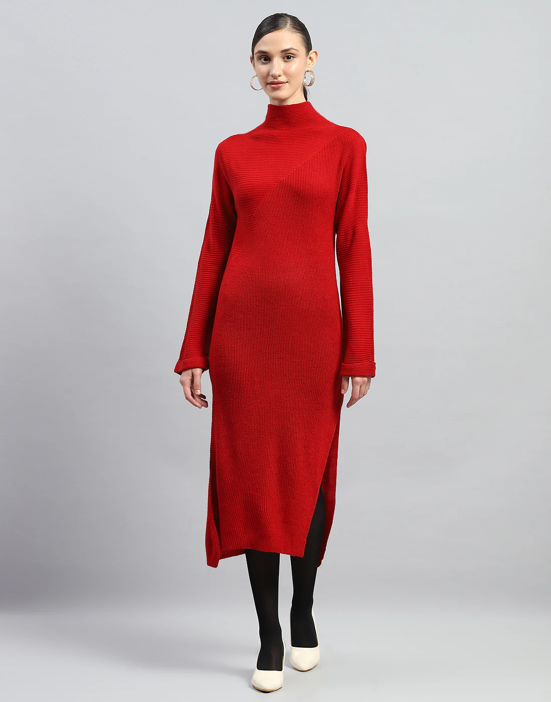 Women Red Self Design Turtle Neck Full Sleeve Dress - Image 2
