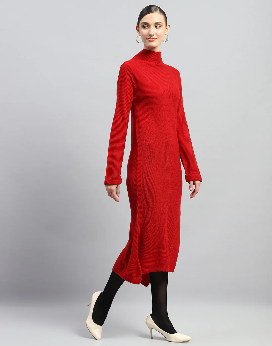 Women Red Self Design Turtle Neck Full Sleeve Dress - Image 4