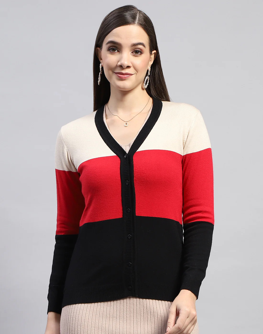 Women Red Self Design V Neck Full Sleeve Cardigan - Image 2