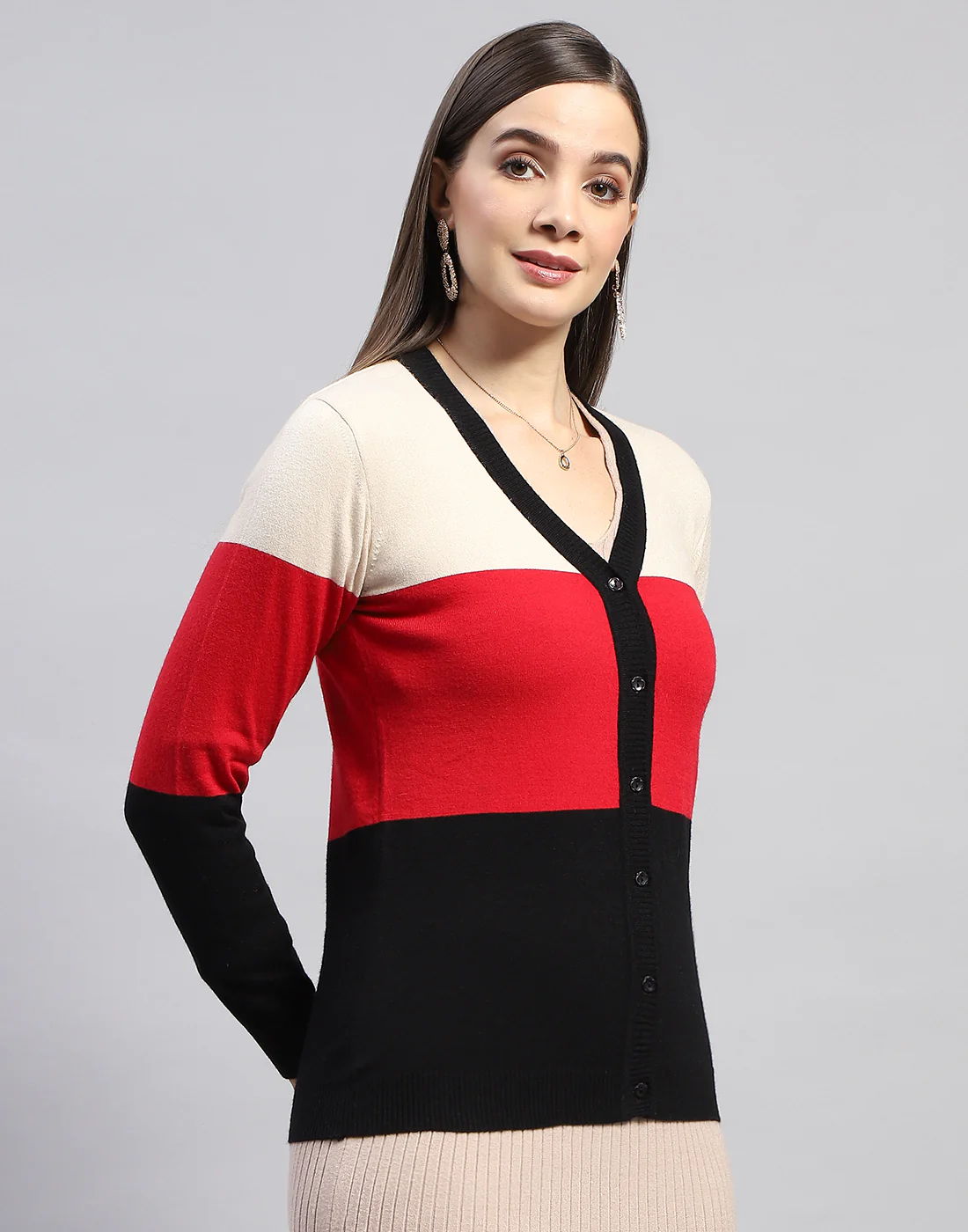 Women Red Self Design V Neck Full Sleeve Cardigan - Image 4