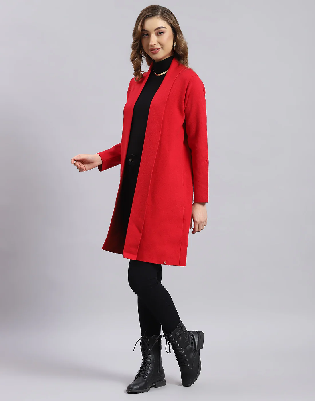 Women Red Self Design V Neck Full Sleeve Cardigan - Image 3