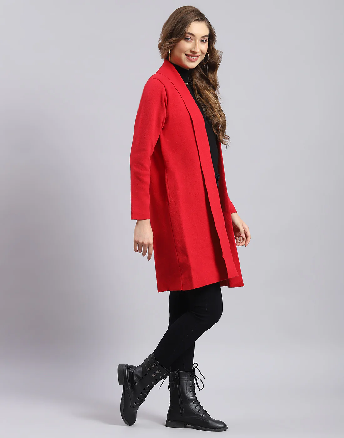 Women Red Self Design V Neck Full Sleeve Cardigan - Image 4