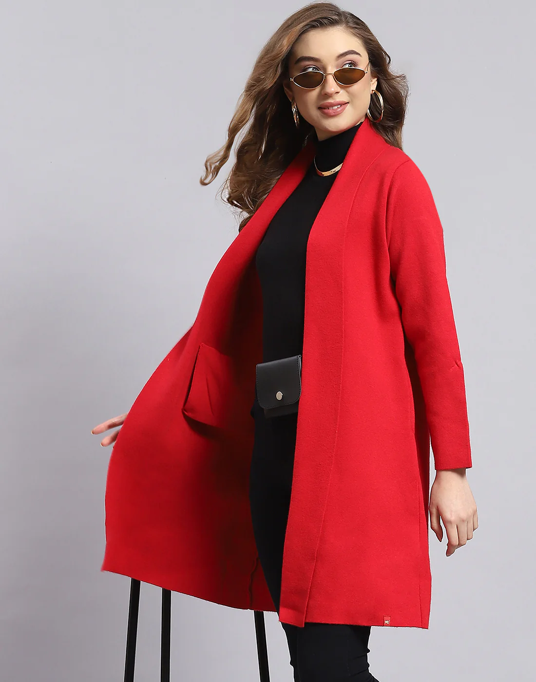 Women Red Self Design V Neck Full Sleeve Cardigan - Image 6
