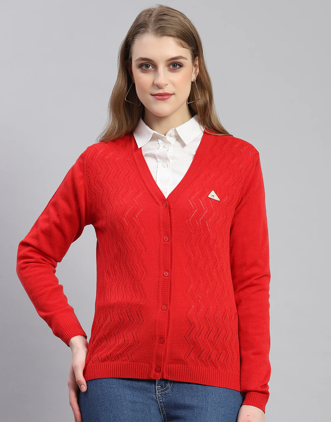 Women Red Self Design V Neck Full Sleeve Cardigan - Image 2