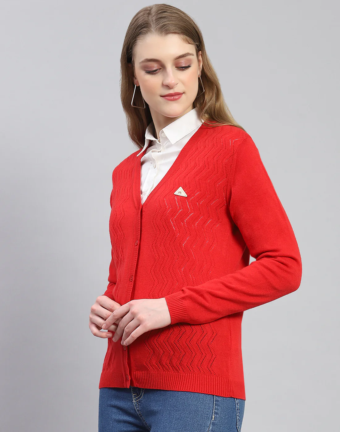 Women Red Self Design V Neck Full Sleeve Cardigan - Image 3