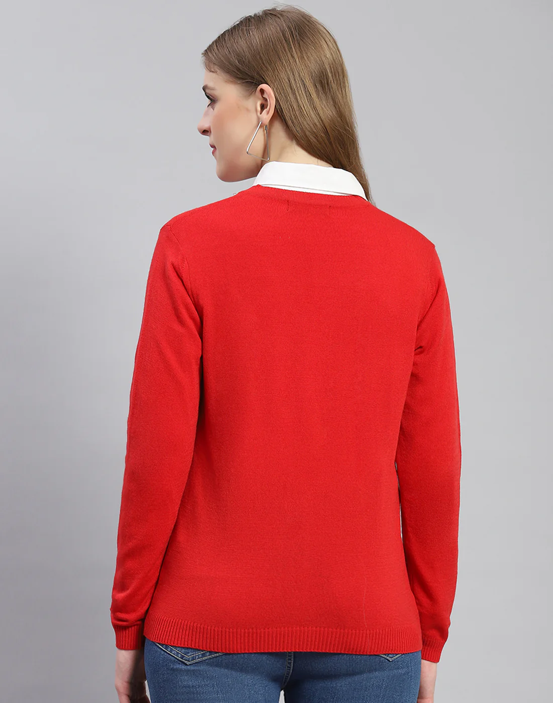 Women Red Self Design V Neck Full Sleeve Cardigan - Image 5