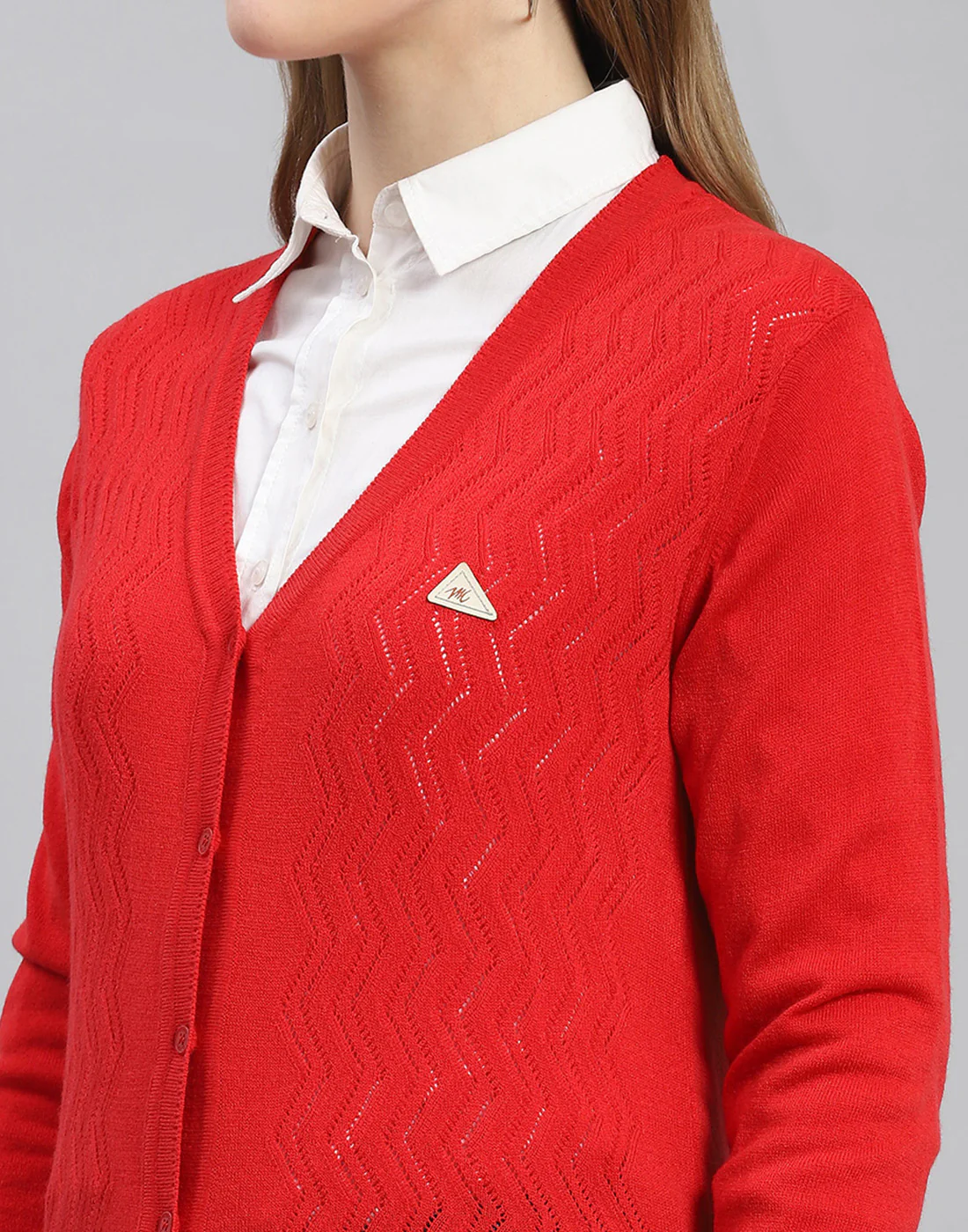 Women Red Self Design V Neck Full Sleeve Cardigan - Image 6