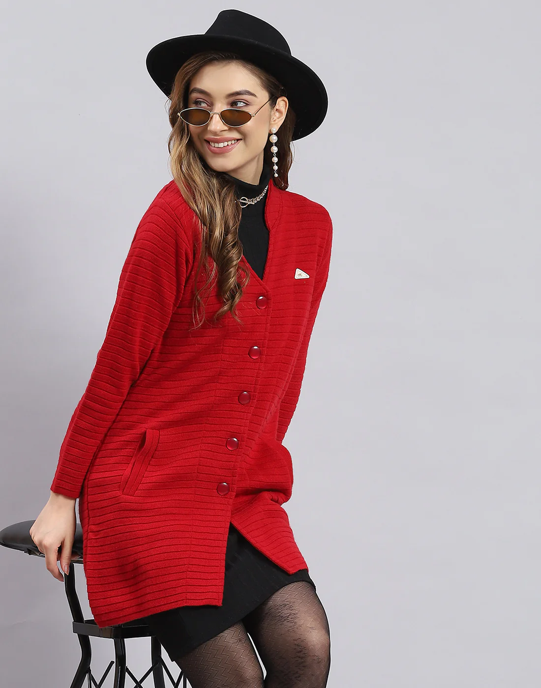 Women Red Self Design V Neck Full Sleeve Cardigan - Image 6