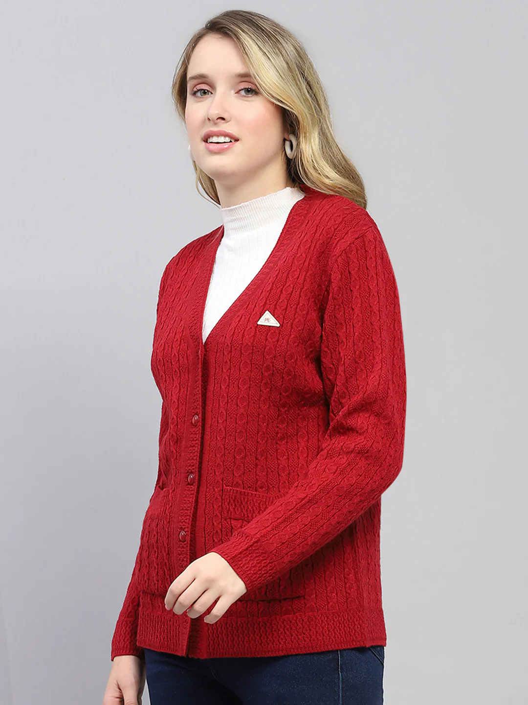 Women Red Self Design V Neck Full Sleeve Cardigan - Image 3