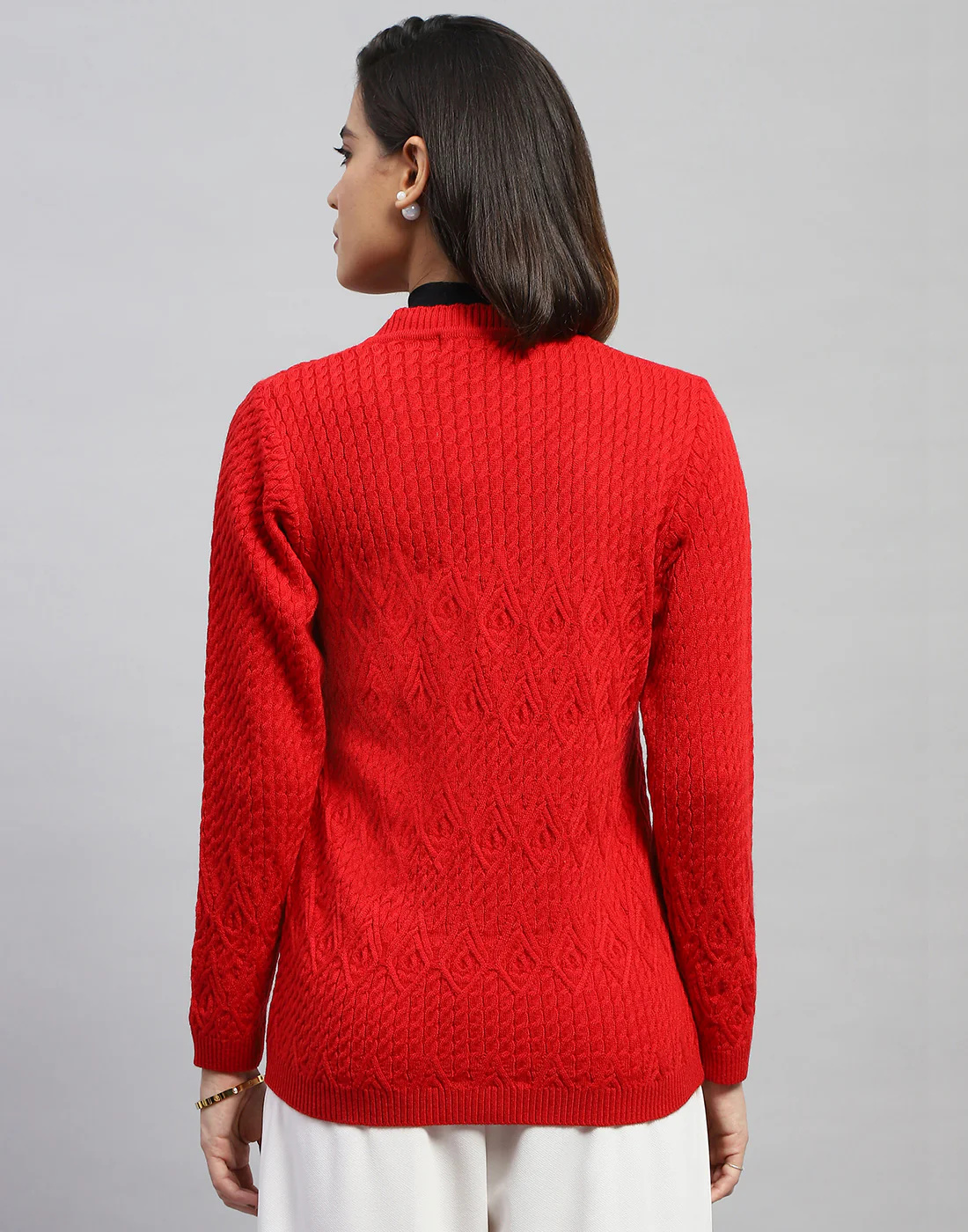 Women Red Self Design V Neck Full Sleeve Cardigan - Image 6