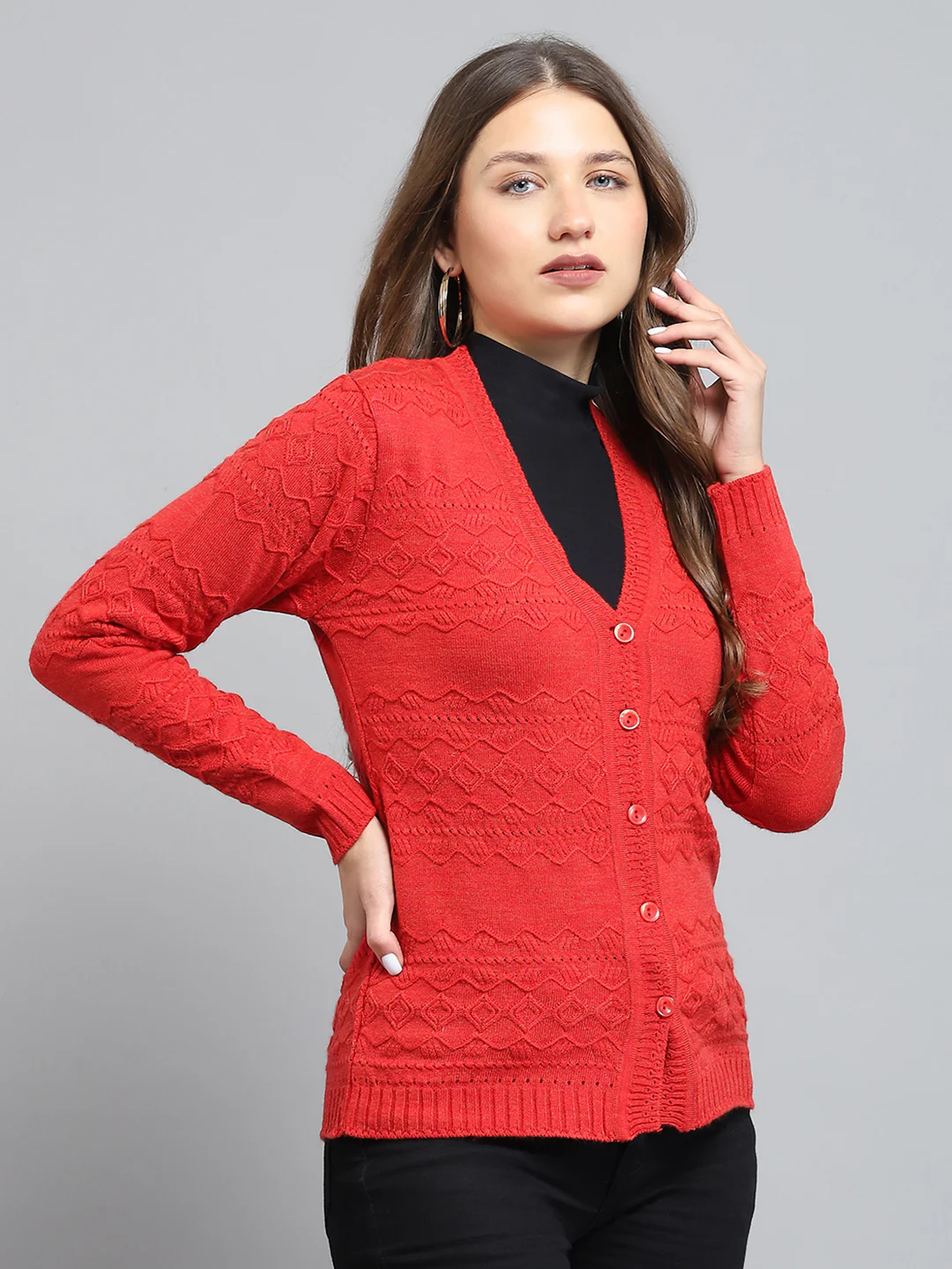 Women Red Self Design V Neck Full Sleeve Cardigan - Image 4