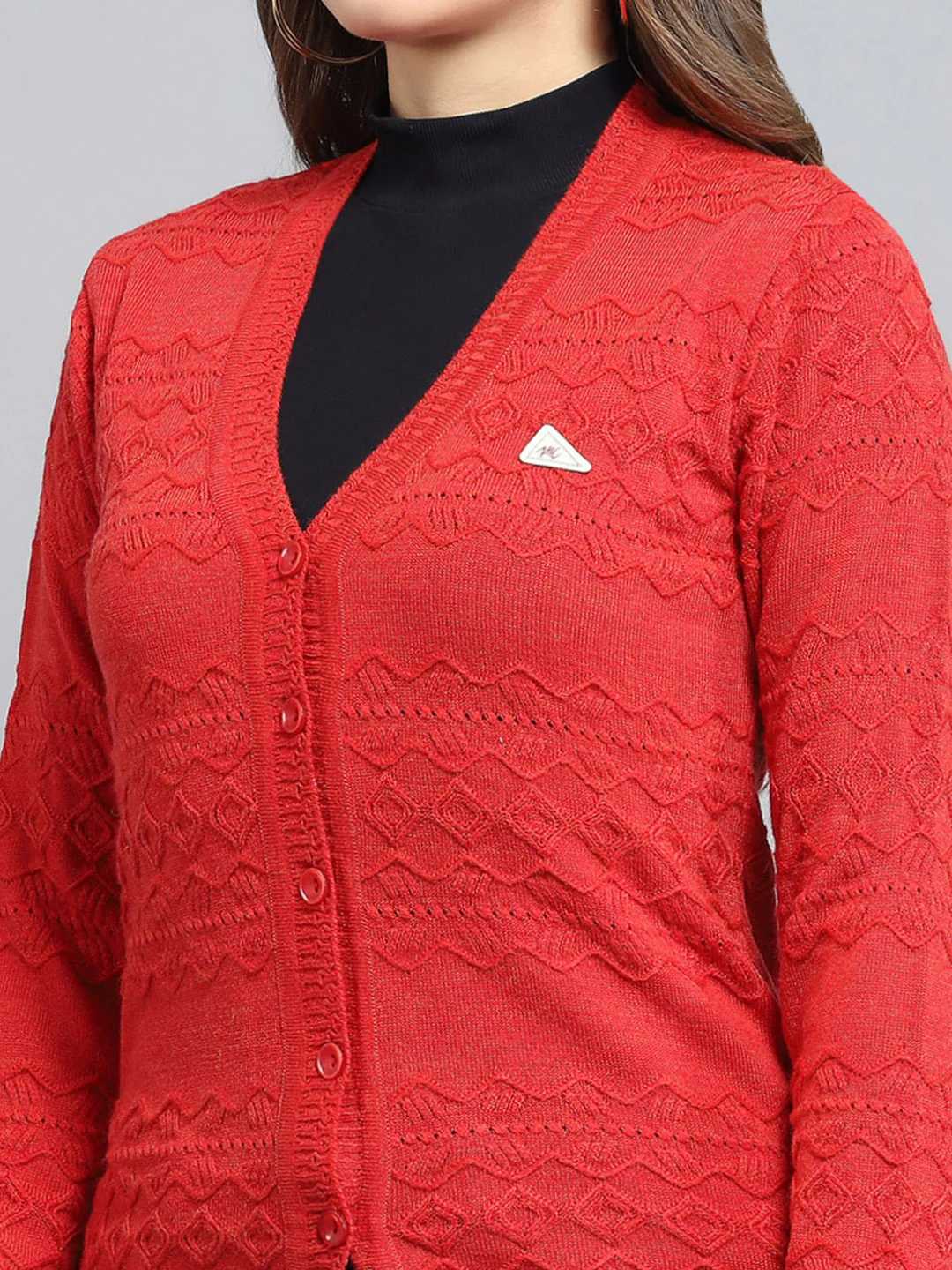 Women Red Self Design V Neck Full Sleeve Cardigan - Image 6
