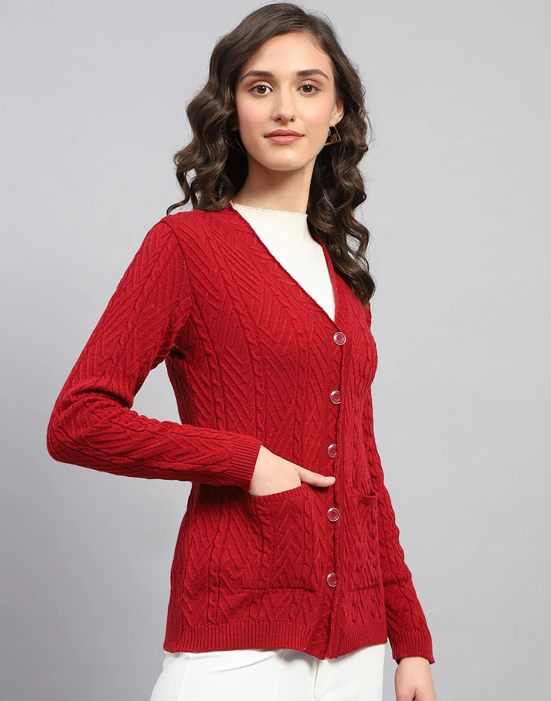 Women Red Self Design V Neck Full Sleeve Cardigan - Image 5