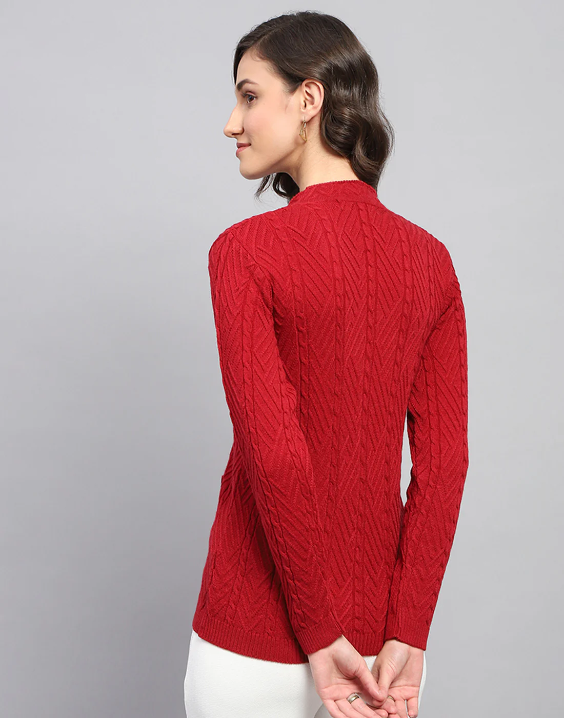 Women Red Self Design V Neck Full Sleeve Cardigan - Image 6
