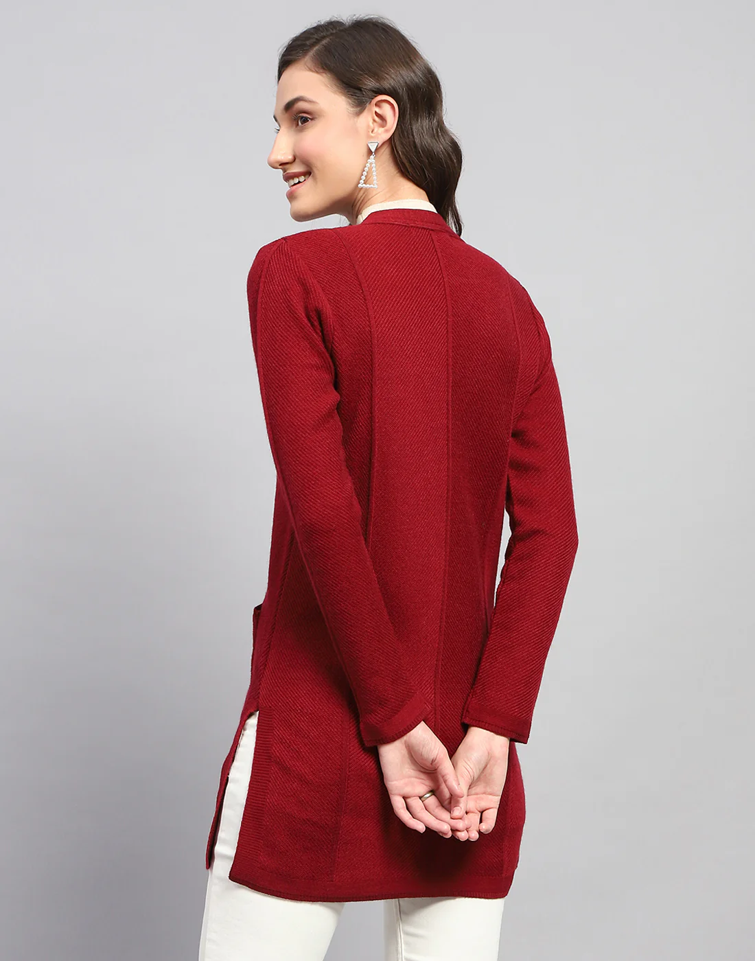 Women Red Self Design V Neck Full Sleeve Cardigan - Image 5