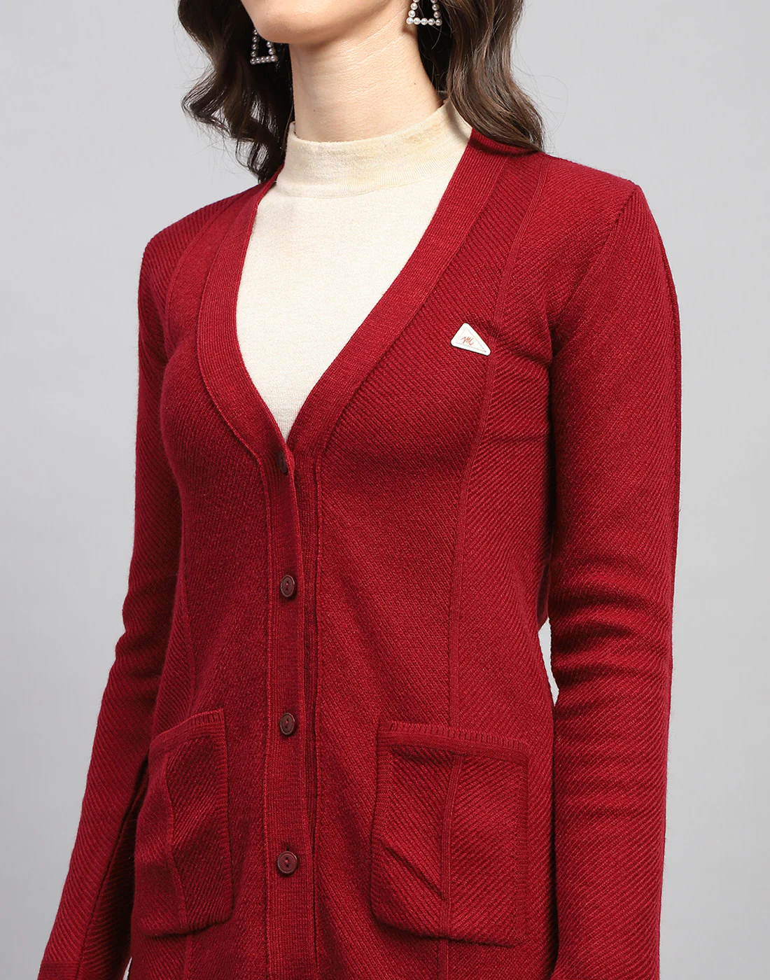 Women Red Self Design V Neck Full Sleeve Cardigan - Image 6