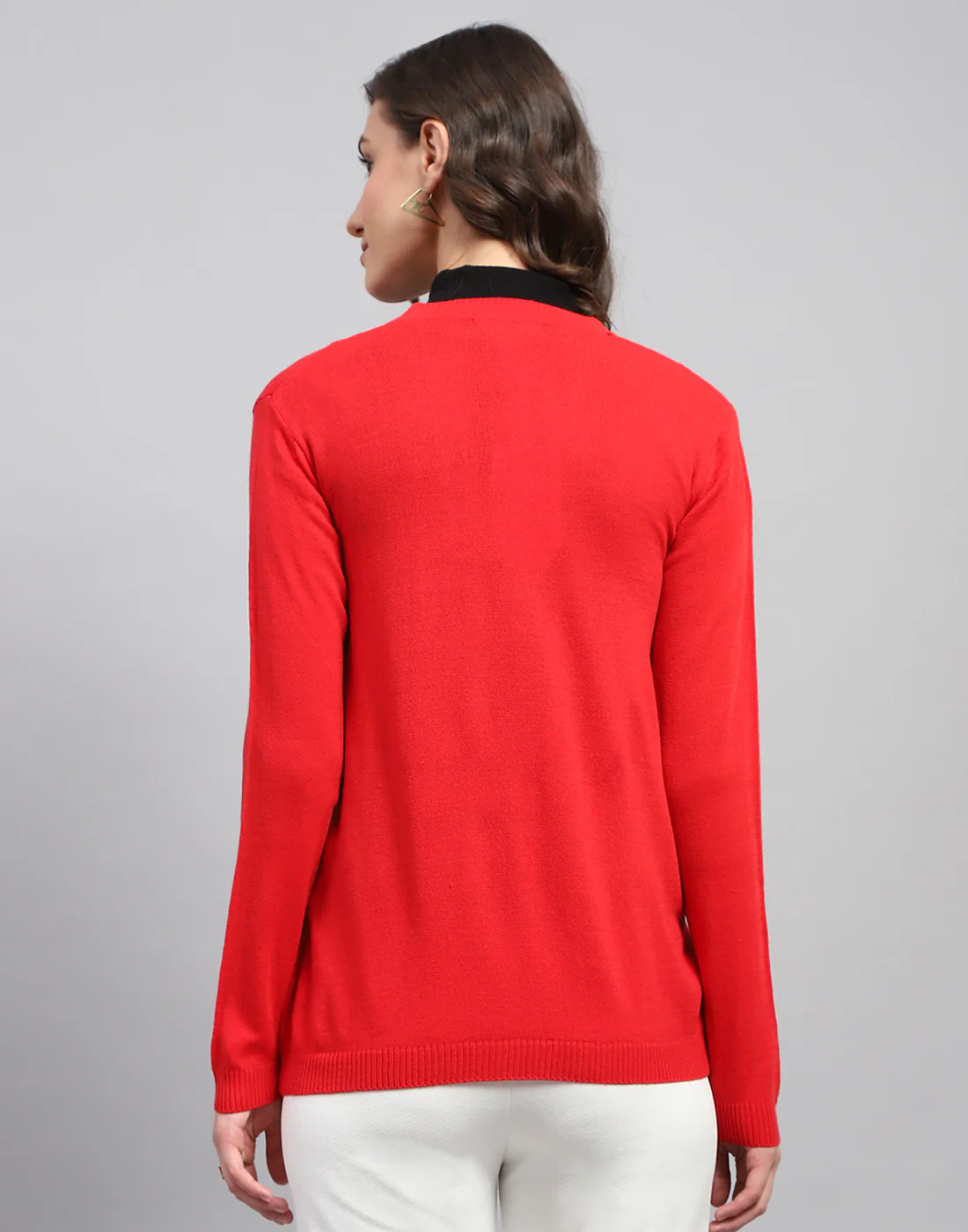 Women Red Self Design V Neck Full Sleeve Cardigan - Image 5