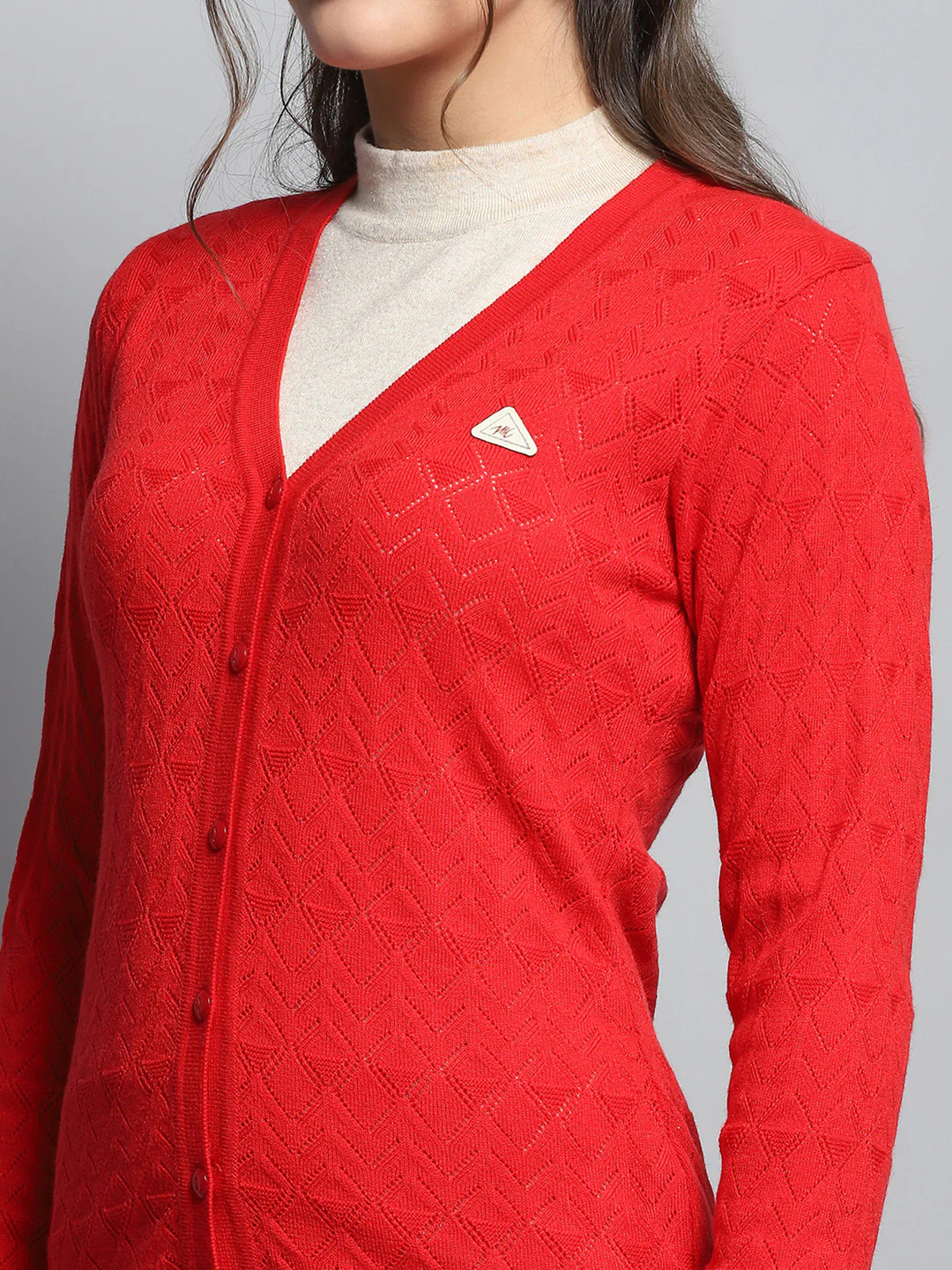 Women Red Self Design V Neck Full Sleeve Cardigan - Image 6