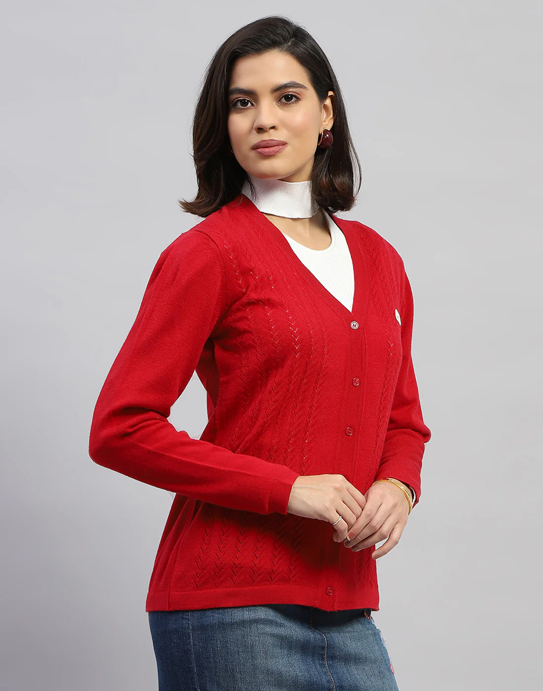 Women Red Self Design V Neck Full Sleeve Cardigan - Image 4