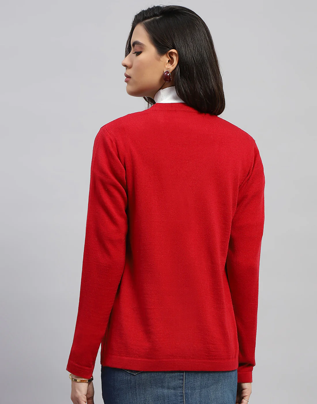 Women Red Self Design V Neck Full Sleeve Cardigan - Image 5