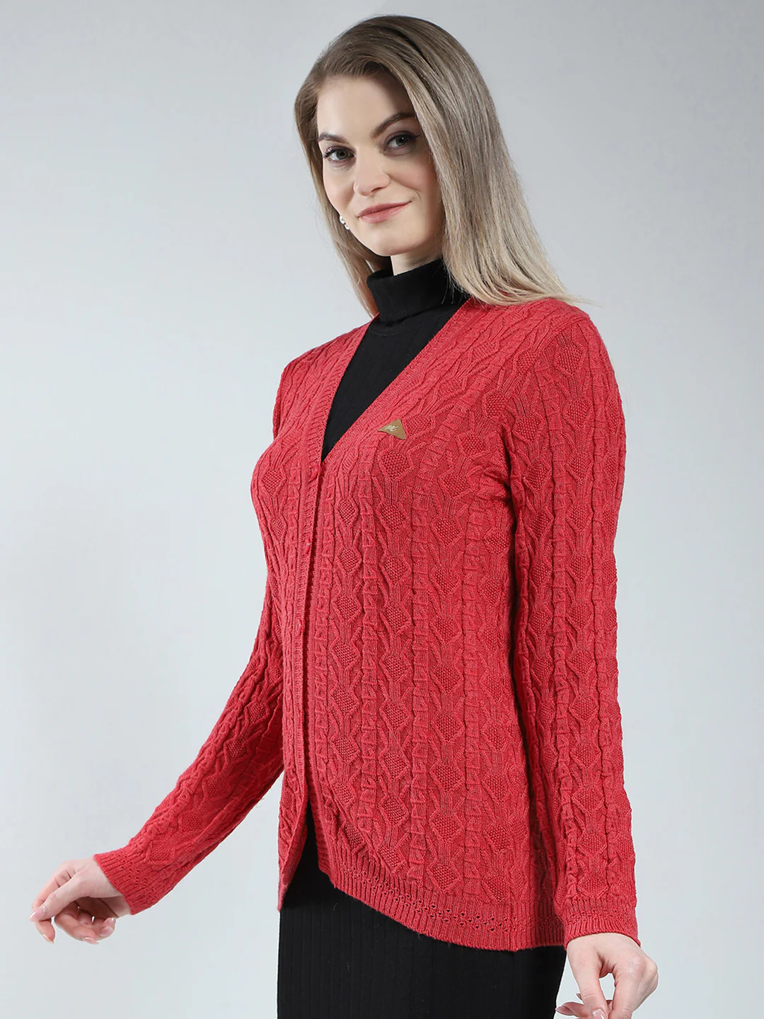 Women Red Self Design V Neck Full Sleeve Cardigan - Image 3