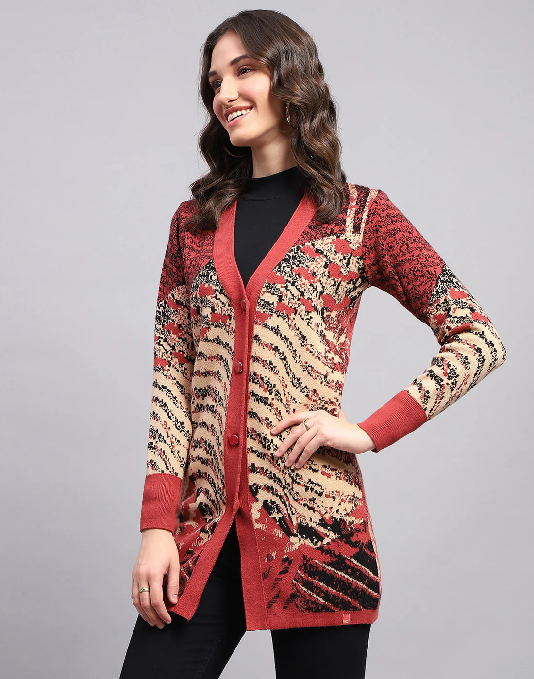 Women Red Self Design V Neck Full Sleeve Cardigan - Image 3